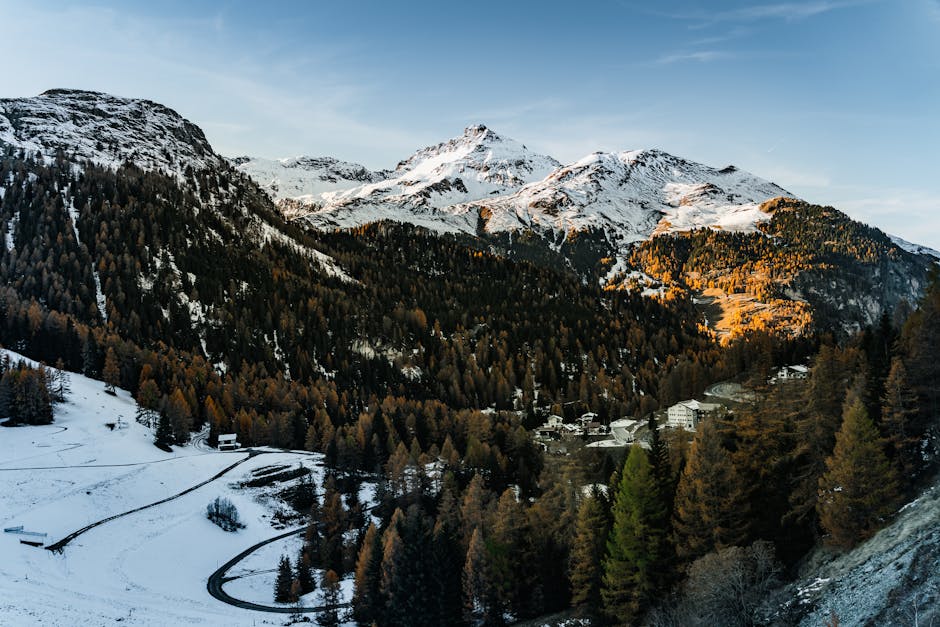 Stunning view of snow-covered Alps with pine trees and a scenic village at sunset.